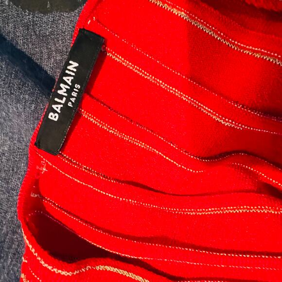 Balmain Paris Pleated Knit Dress Red Gold Cap Sleeve Mini Light DIY Luxury - 40 - Picture 13 of 15